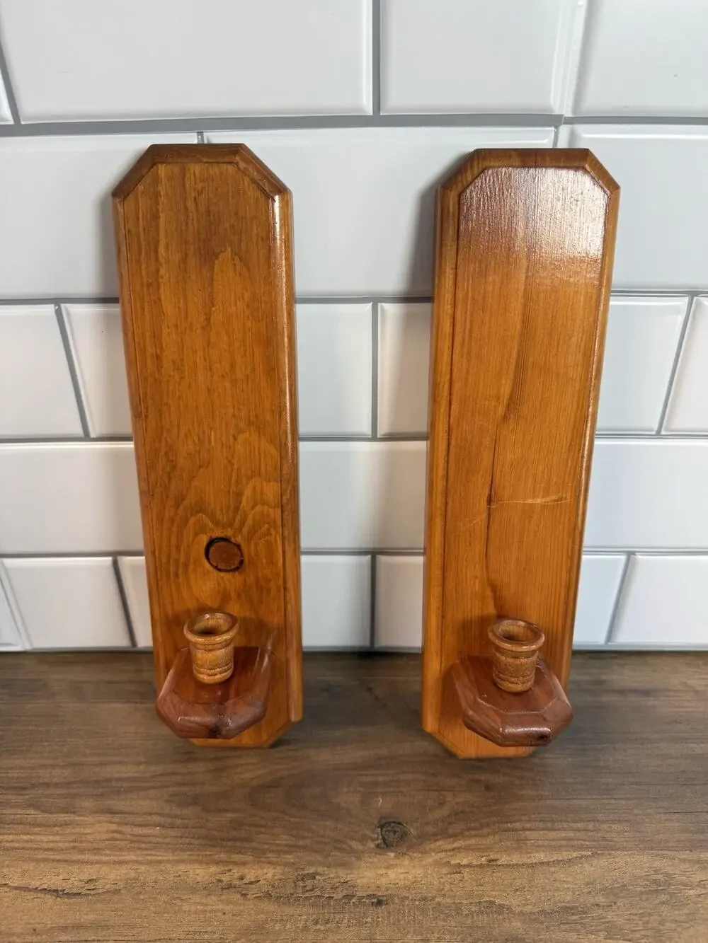 Vintage Pair Wall Mounted Wooden Oak Candle Sconces Grandmacore/Cozy Cottage